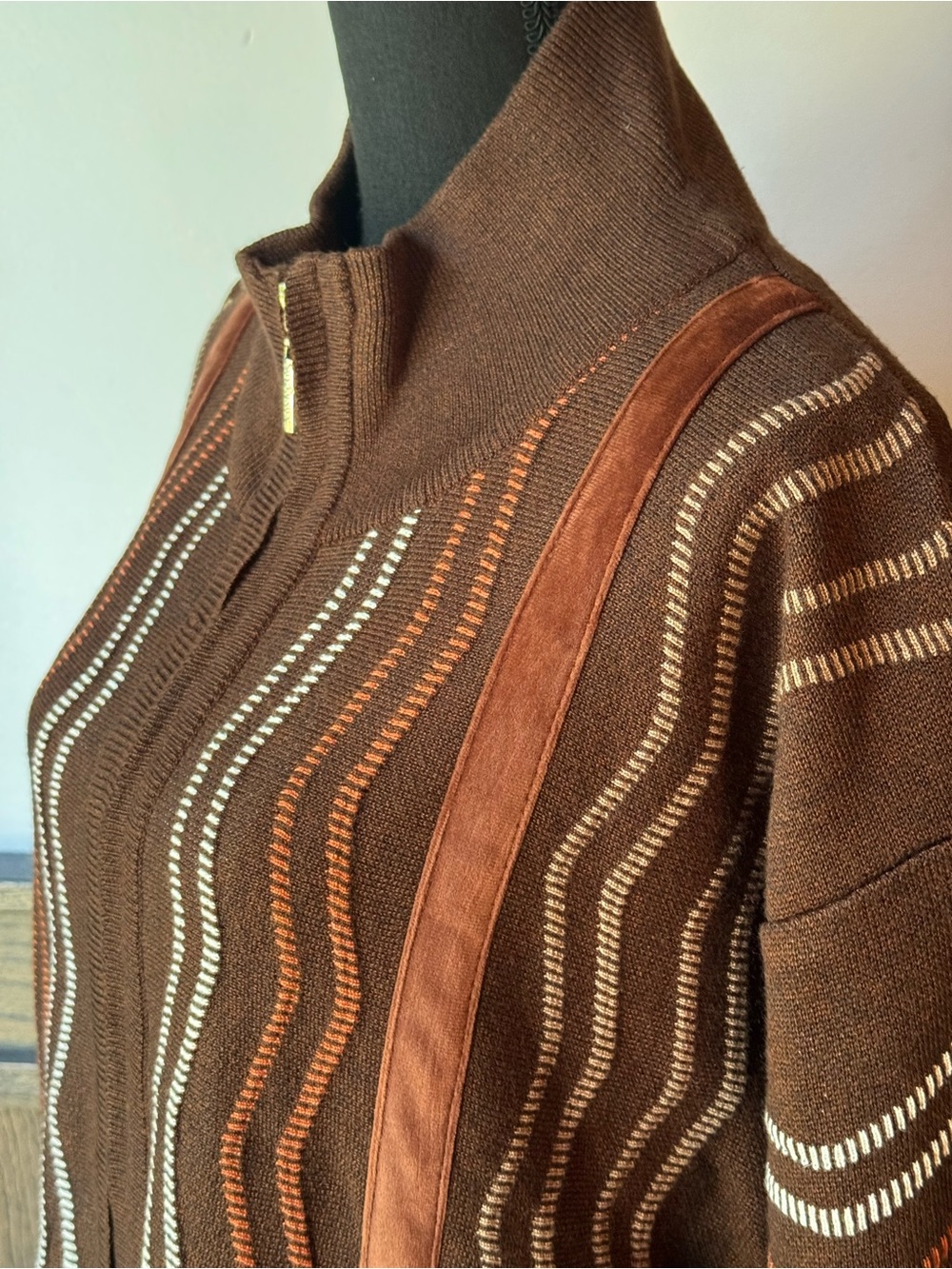 Silversilk Brown Bomber zip up sweater Jacket with Cream & Rust Wavy Stripes 3x - Picture 2 of 9